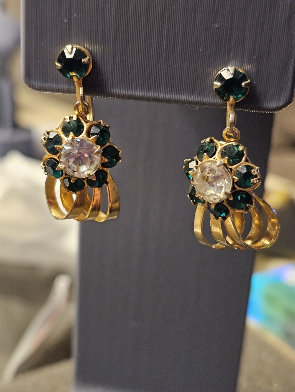 Vintage Gold-Tone Green And Crystal Floral Drop Earrings.